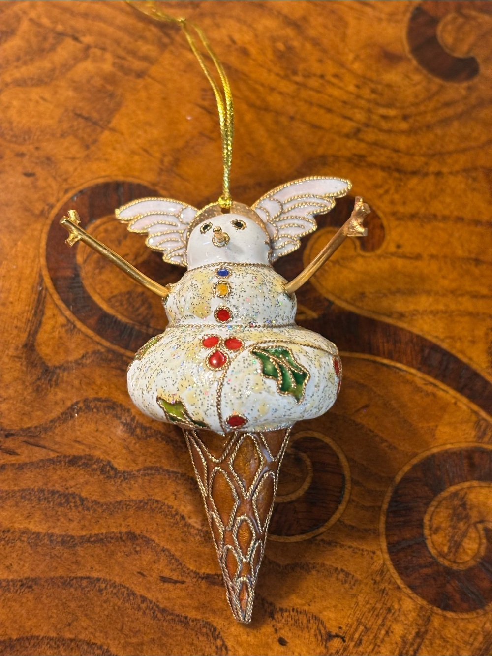 Cloisonné Angel Ice Cream Cone Snowman Ornament